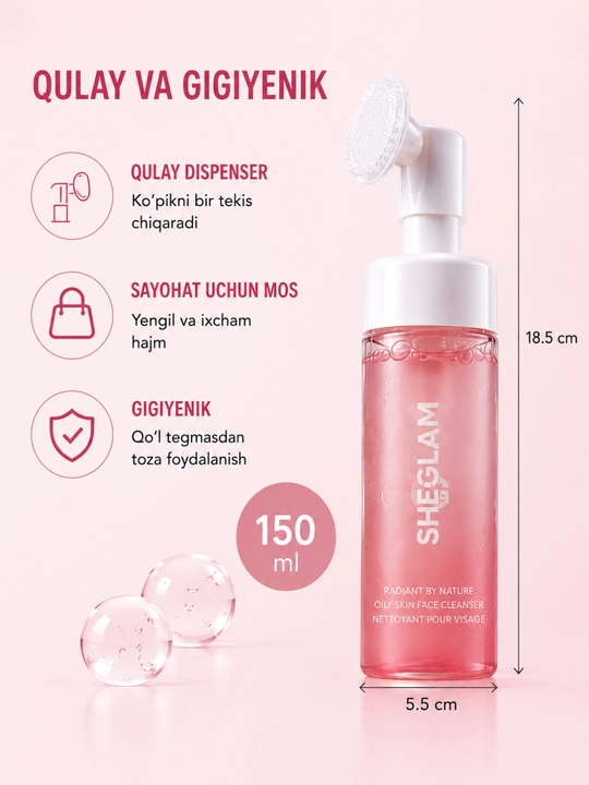 Cho'tka bilan tozalovchi ko'pik, yuz uchun namlovchi va tozalovchi penka, 150 ml