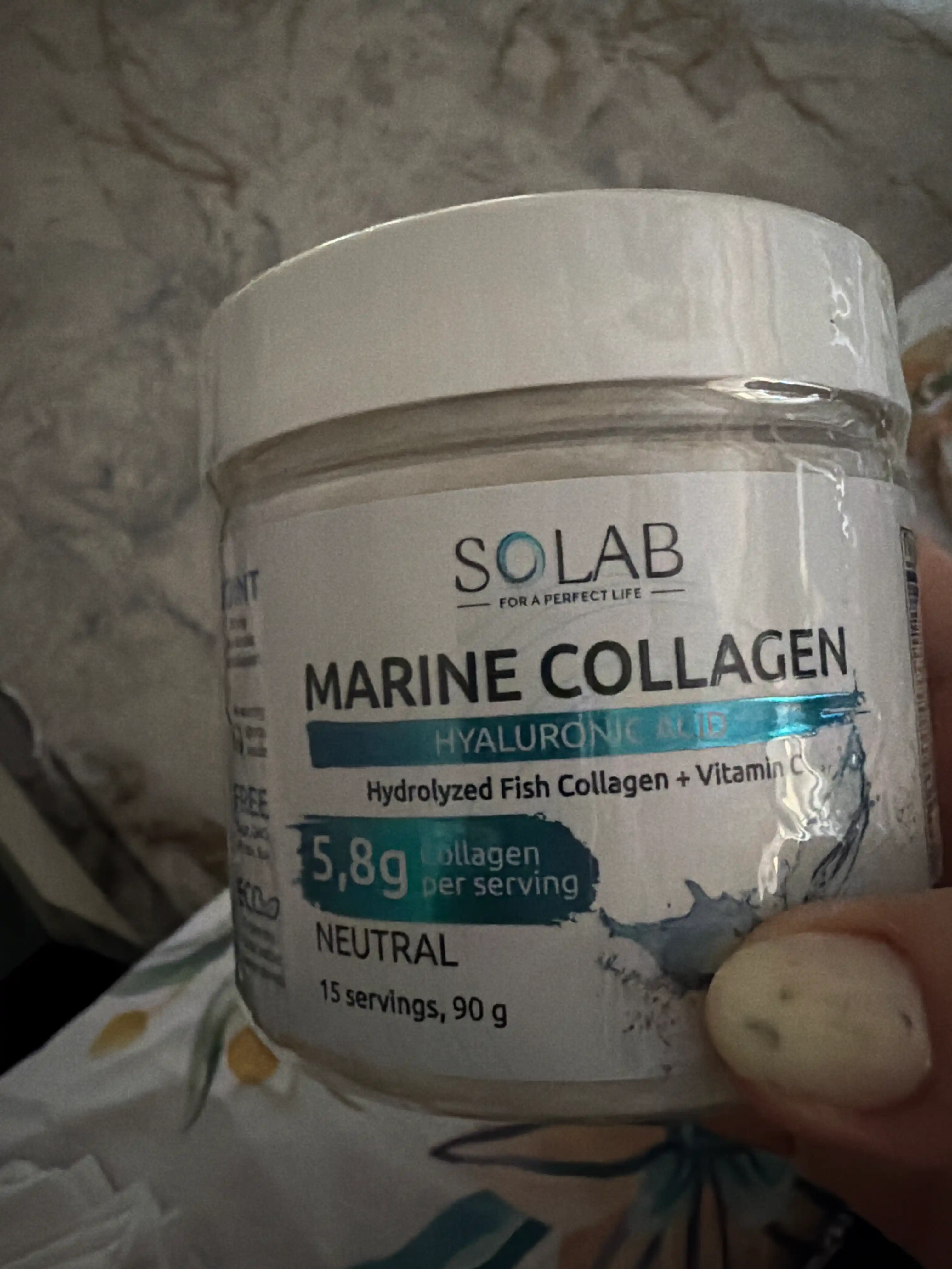 Dengiz kollageni, SOLAB, Gialuron kislotasi + C vitamini, Neytral ta'mi, 90g, 15 porsiya