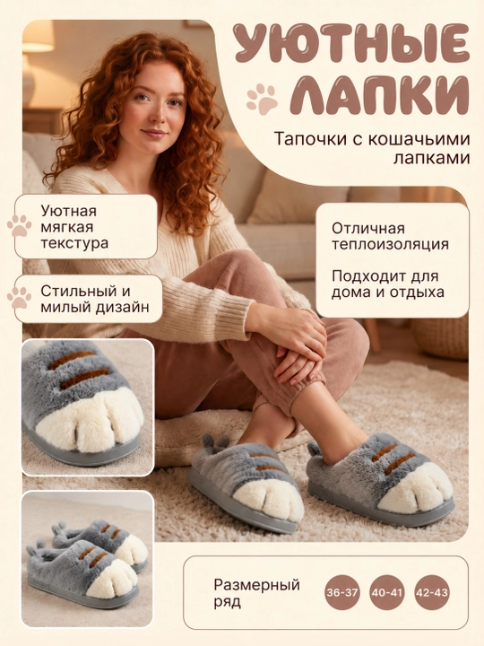 Тапочки лапки кошки домашние мягкие - 
