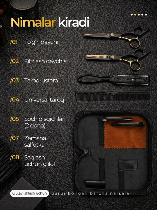 Professional sartaroshlik to‘plami, soch olish uchun qaychilar, filirovka