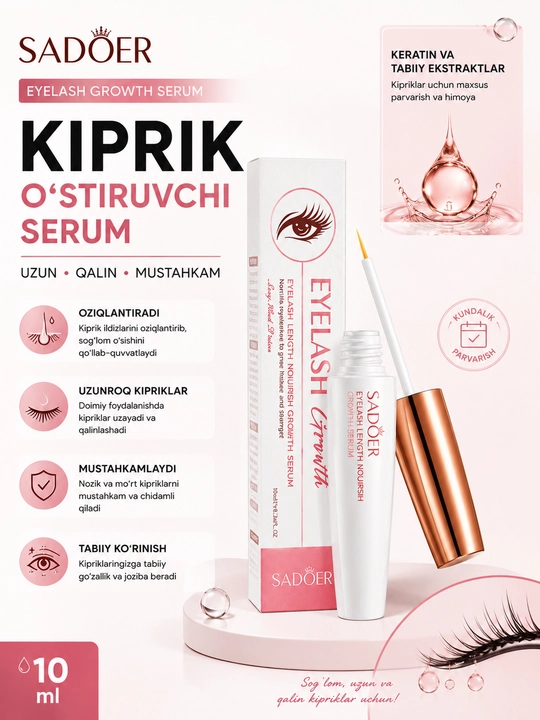 SADOER Eyelash Growth Serum – Kiprik o‘stiruvchi va parvarish qiluvchi serum, 10 ml