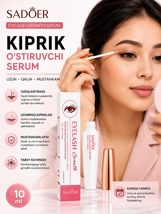 SADOER Eyelash Growth Serum – Kiprik o‘stiruvchi va parvarish qiluvchi serum, 10 ml