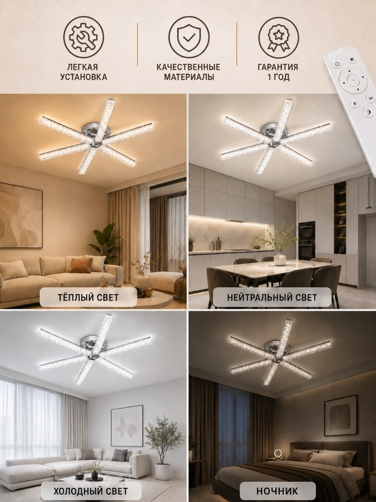Pultli shiftga LED lyustra, 3 xil yorug‘lik rejimi va tungi chiroq, 20m² gacha yoritadi