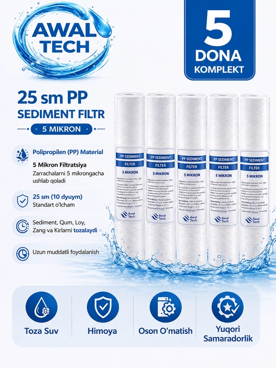 Komplektida 5 dona 25 sm PP qog‘oz filtr (5 mikron) suv filtri uchun kartrij  - 