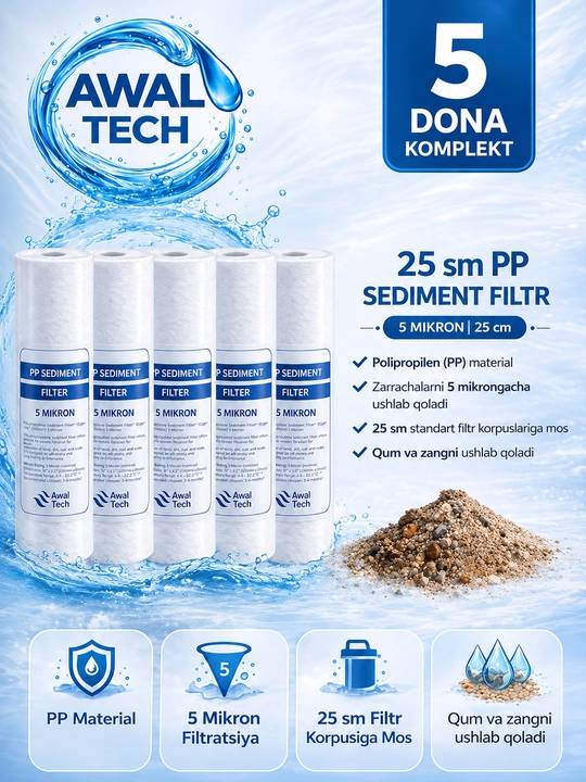 Komplektida 5 dona 25 sm PP qog‘oz filtr (5 mikron) suv filtri uchun kartrij 
