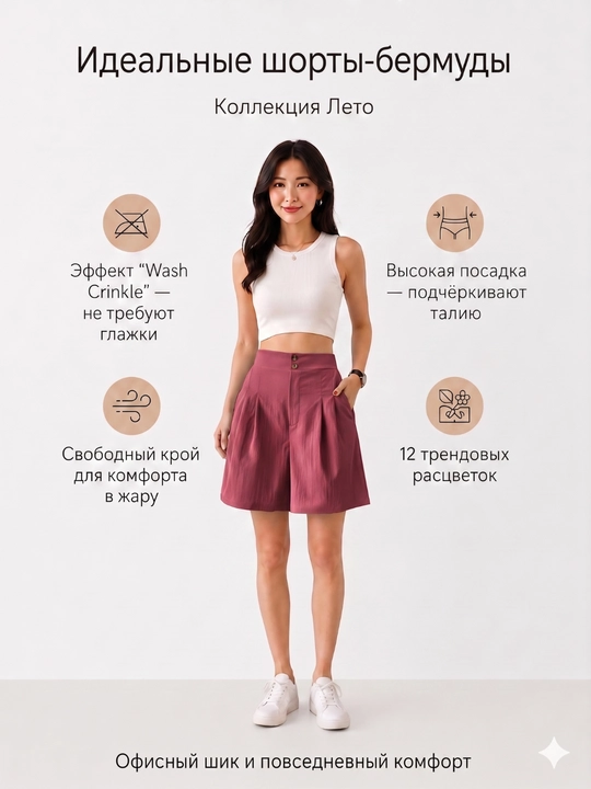 Ayollar bermuda shortilari, baland bel, keng fason, yozgi, 12 rang - 