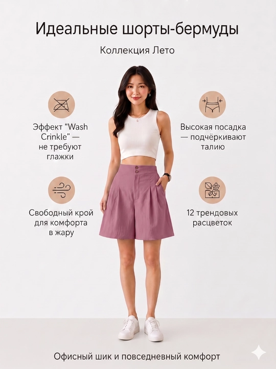 Ayollar bermuda shortilari, baland bel, keng fason, yozgi, 12 rang - 