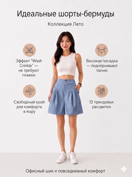 Ayollar bermuda shortilari, baland bel, keng fason, yozgi, 12 rang - 