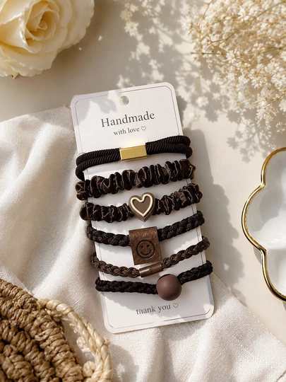 Набор резинок для волос "Handmade", 5 штук, набор аксессуаров — MEDBIBI-SOCHUCHUNREZINKALAR-КОРИЧН