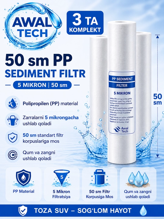 Komplektida 3ta, 50 sm PP qog‘oz filtr (5 mikron) suv filtri uchun kartrij - 