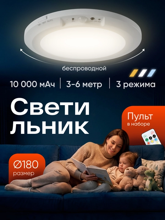 Круглый потолочный LED светильник, беспроводной с датчиком движения - 