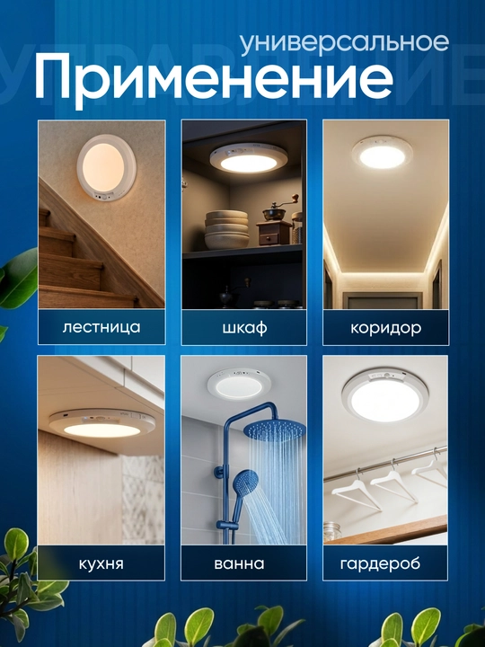 Круглый потолочный LED светильник, беспроводной с датчиком движения