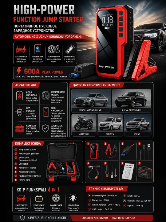 Портативное пусковое зарядное устройство для автомобиля, Function Jump Starter - 