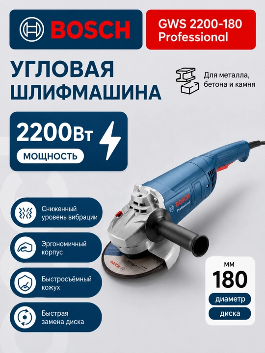 Болгарка (УШМ) Bosch GWS 2200-180 Professional, сетевая, 2200 Вт, диск 180 мм - 