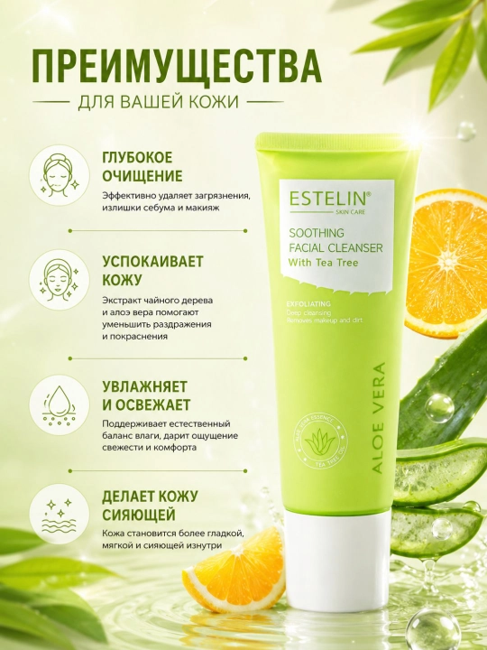 Пенка для умывания Estelin Hyaluronic Acid и Aloe Vera, 120 г