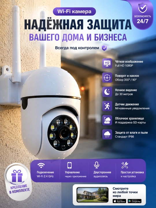 Умная WiFi камера уличная камера видеонаблюдения Full HD с функциями поворота и наклонаPTZ - 