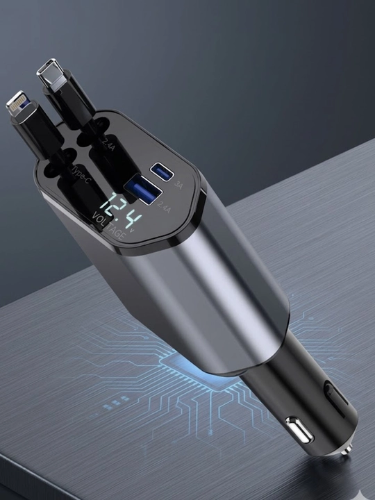Avto tezkor zaryadlovchi 4in1 Type-C va iPhone kabel, 180° aylanuvchi, 2.4A kuchli