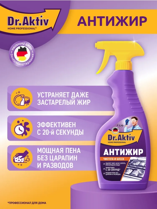 Антижир Dr.Aktiv чистящее средство для кухни, спрей-пена против жира, нагара и копоти, 500 мл 