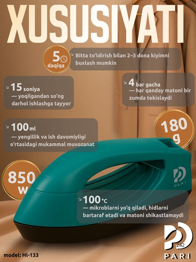 PARI bug‘li dazmol kiyim uchun, portativ model HL-133, 850 W