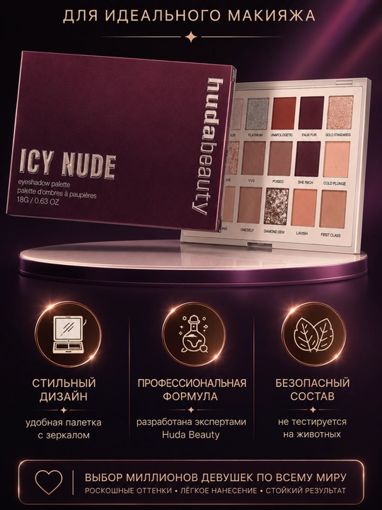 Палетка теней Huda Beauty ICY NUDE, 18 оттенков для сияющего макияжа,матовые и сияющие
