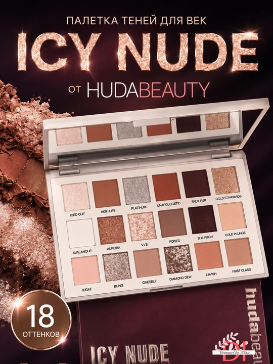Палетка теней Huda Beauty ICY NUDE, 18 оттенков для сияющего макияжа,матовые и сияющие - 