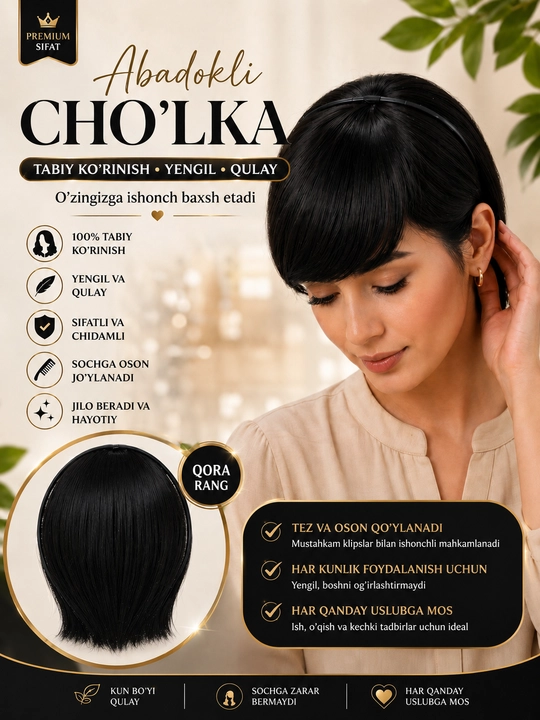 Soxta cholka, yuzga yaqin iplar bilan, soch qisqichida - 