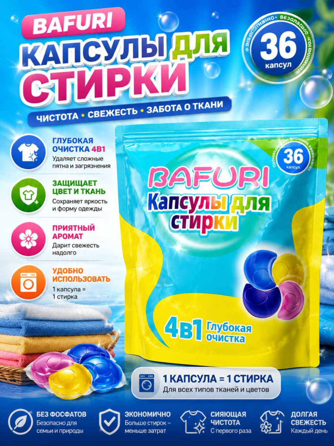 Капсулы для стирки BAFURI 4в1, 36 штук, для цветного и белого белья - 