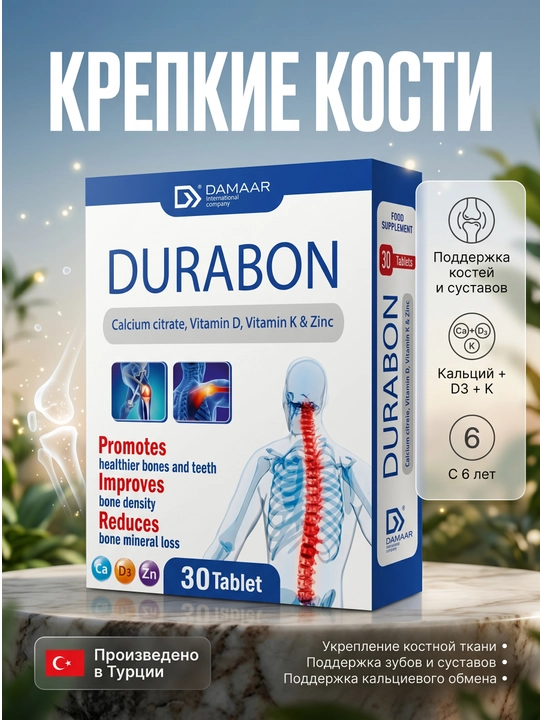 Kalsiy, vitamin D3, K2 va sink suyaklar va bo'g'imlar uchun, Damaar Durabon, 30 ta tabletka - 