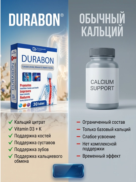 Kalsiy, vitamin D3, K2 va sink suyaklar va bo'g'imlar uchun, Damaar Durabon, 30 ta tabletka