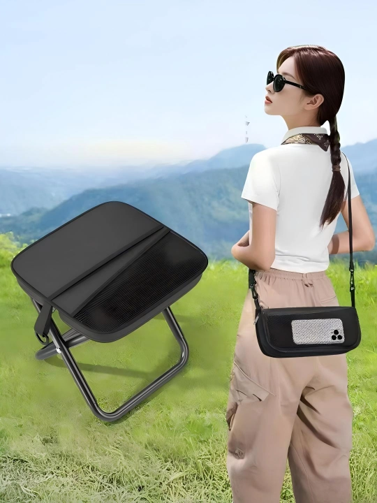 Gofun sayohat uchun buklanadigan stulcha — yelka tasma, yon cho‘ntak/tor, katta o‘rindiq