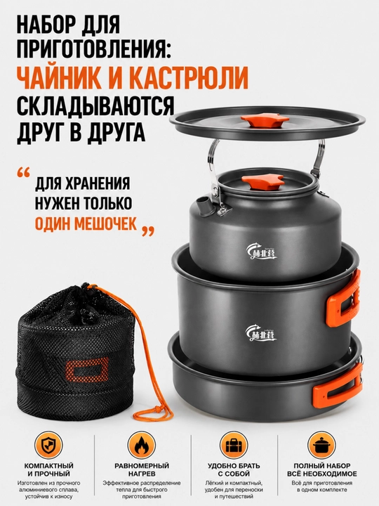 Компактный набор походной посуды для кемпинга и туризма