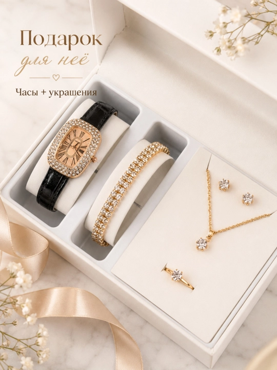 Комплект украшений, бижутерия, часы, колье, кольцо и серьги, подарок для женщин
