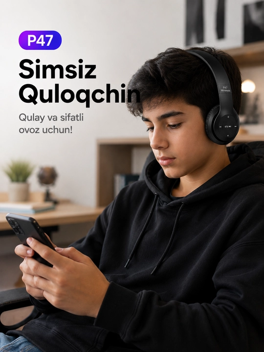 Simsiz quloqchinlar P47, Bluetooth 5.0, yig'iluvchan, mikrofon bilan, shovqinsiz