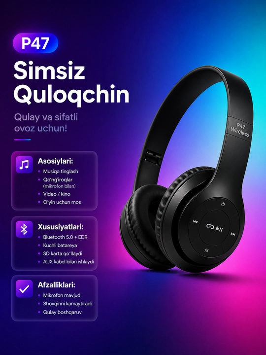 Simsiz quloqchinlar P47, Bluetooth 5.0, yig'iluvchan, mikrofon bilan, shovqinsiz