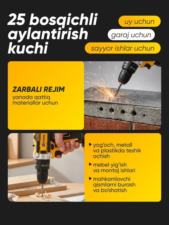 24 predmetli to‘plam, akkumulyatorli zarbli drel-shurupovert, 2 AKB, keys