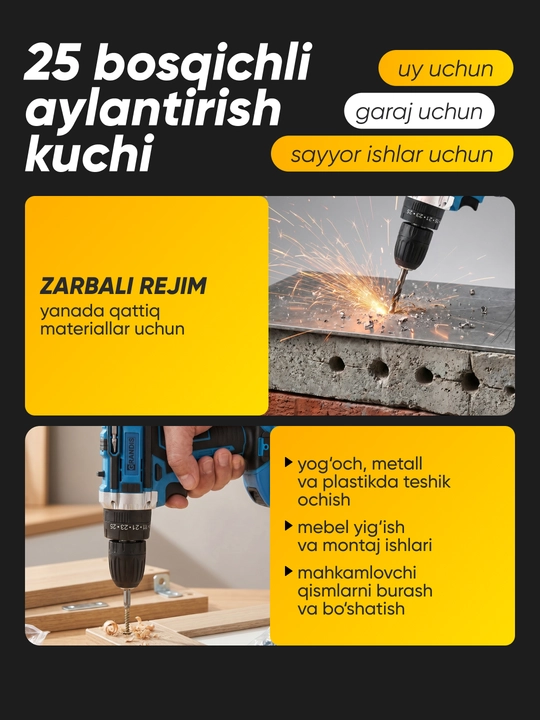 24 predmetli to‘plam, akkumulyatorli zarbli drel-shurupovert, 2 AKB, keys