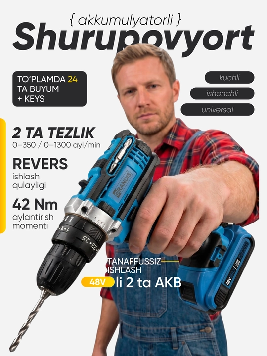 24 predmetli to‘plam, akkumulyatorli zarbli drel-shurupovert, 2 AKB, keys
