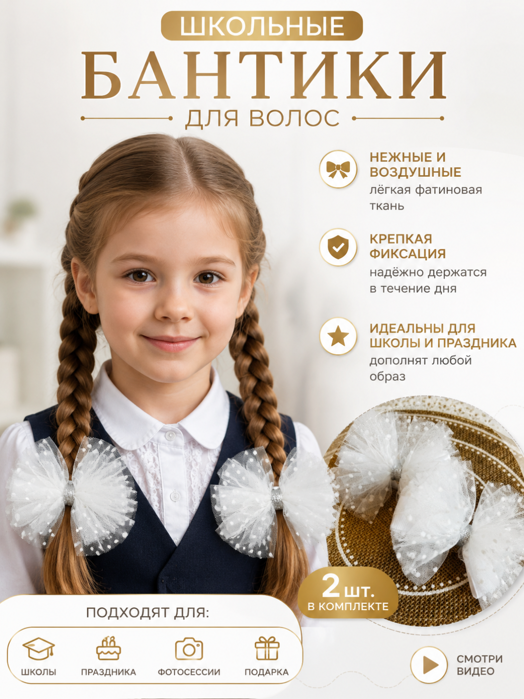 Бантики с принтом, на резинке, ручная работа, 2 шт - 