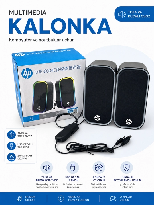 HP DHE-6004C Multimedia Karnaylari – RGB Yorug‘lik, Kompyuter va Noutbuk uchun Karnay - 
