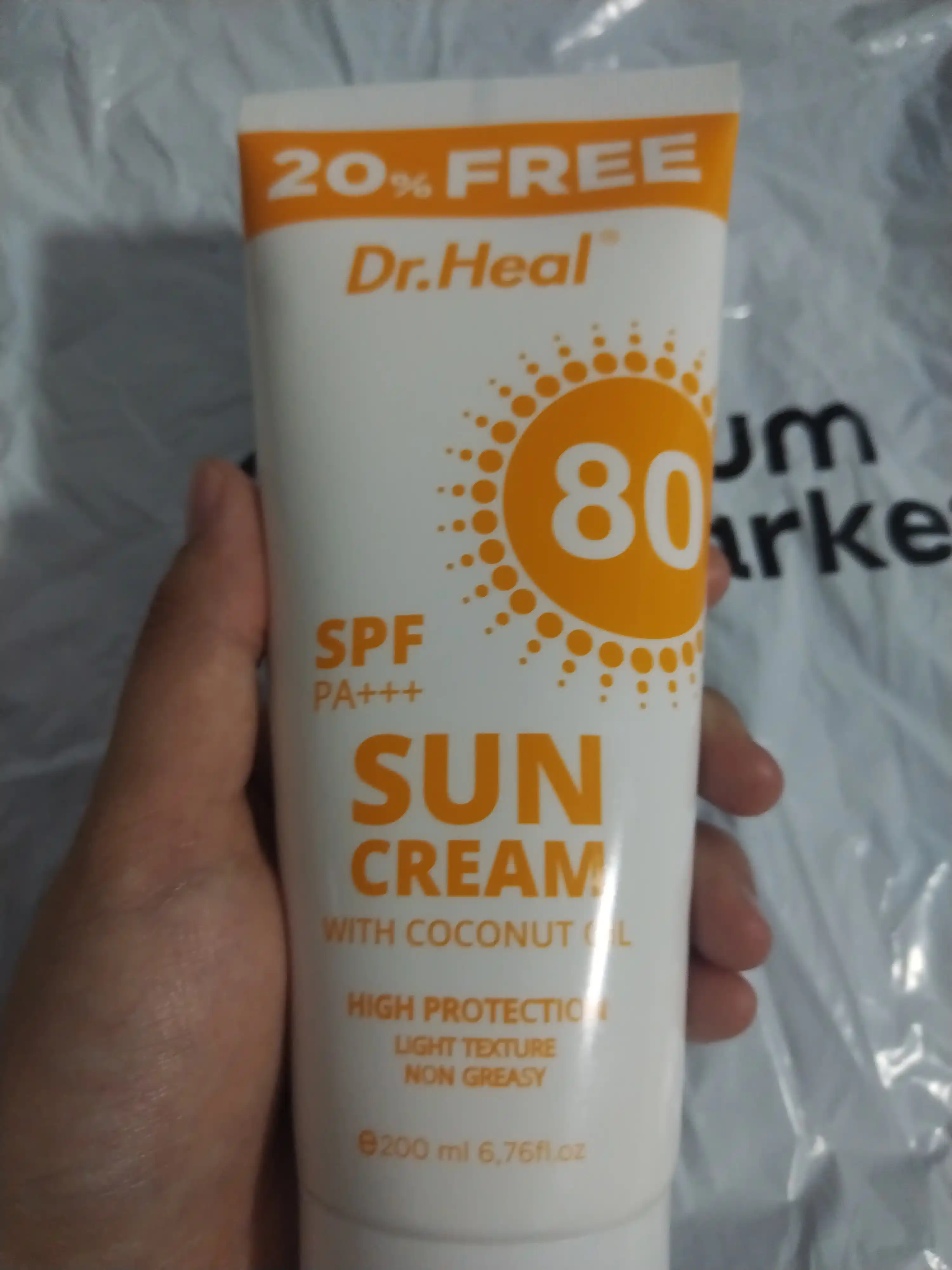 Dr. Heal SPF 80 PA+++ quyoshdan himoya kremi, E vitamini va kokos moyi, 200 ml