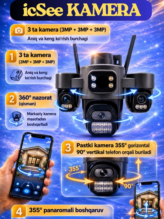 Videokuzatuv kamerasi,3 ko ‘z 9 MP, WiFi,4G SIM,tungi ko‘rish, harakat sensori, 360 kamera
