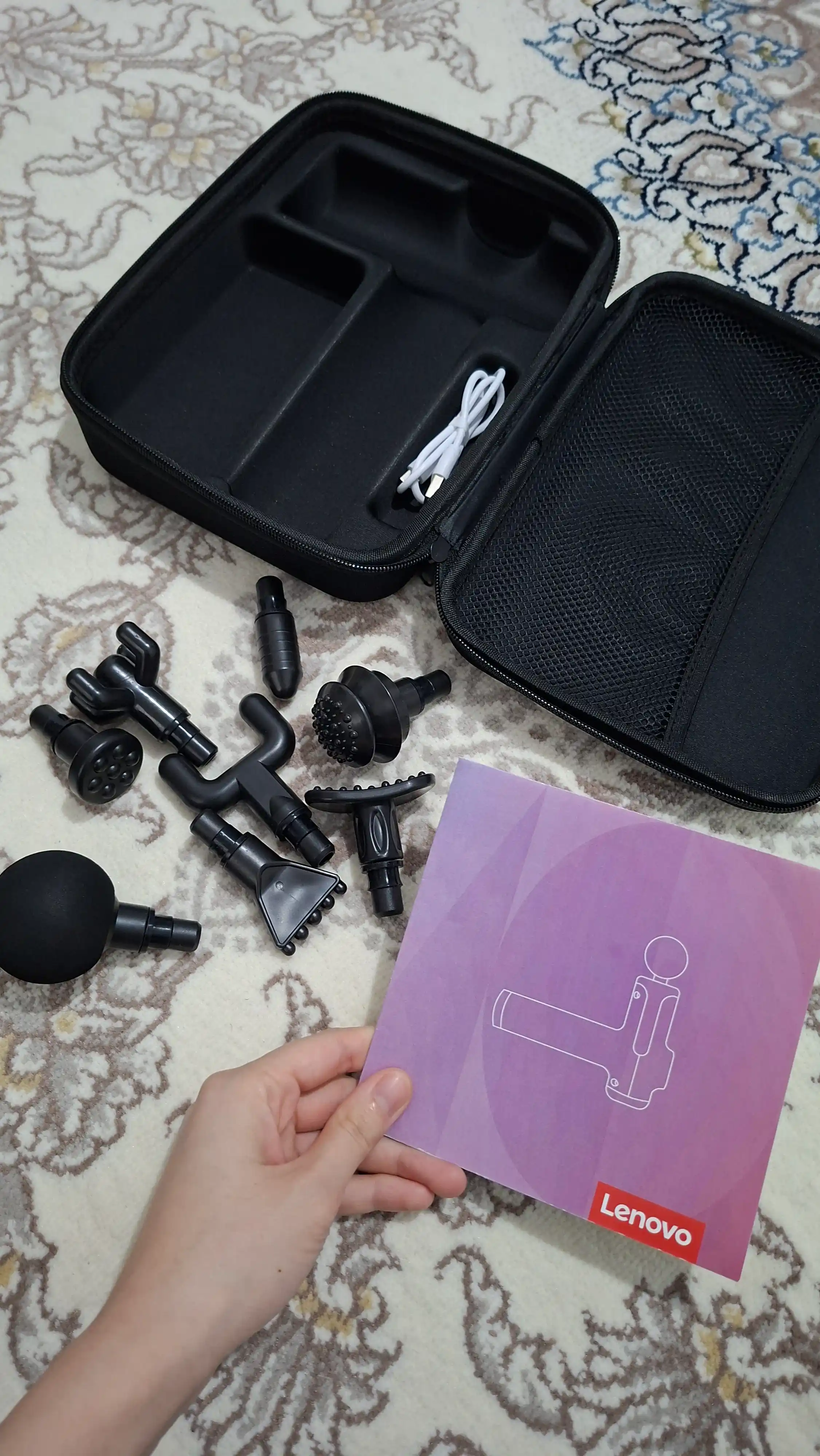 Lenovo massaj pistoleti, butun tana uchun massajor apparati 8 ta nasadka, kuchli batareya