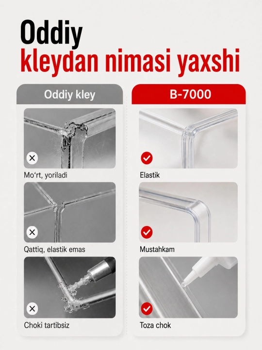 Charm, plastmassa, yog‘och va metall uchun universal shaffof, mustahkam yelim, kley B7000