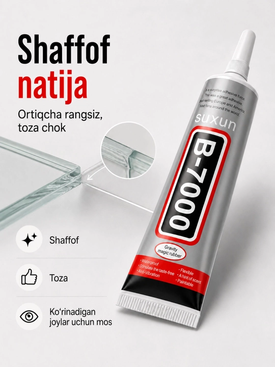 Charm, plastmassa, yog‘och va metall uchun universal shaffof, mustahkam yelim, kley B7000