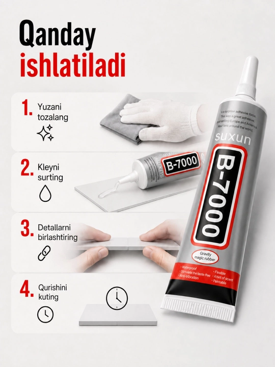 Charm, plastmassa, yog‘och va metall uchun universal shaffof, mustahkam yelim, kley B7000