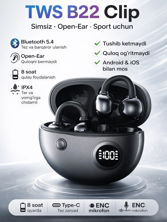 Беспроводные наушники TWS B22 Clip, открытого типа, Bluetooth 5.4, спортивные наушники - 