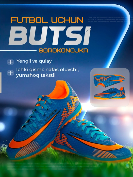 Kattalar va o‘smirlar uchun futbol butsilari, qirqoyoq va butsilar, o‘lchamlari: 33–44