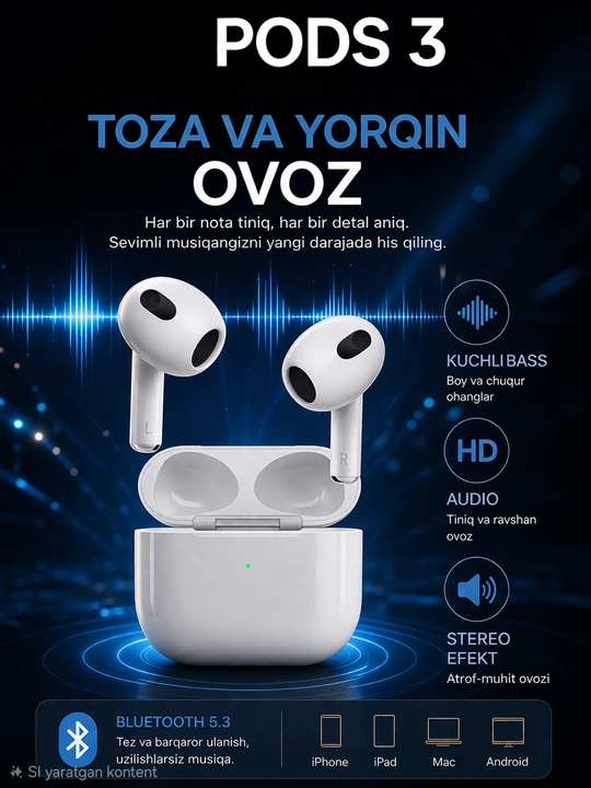 Pods 3, Pods Pro simsiz quloqchin, Android va iPhone uchun Bluetooth sensorli quloqchinlar