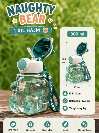 Бутылка для воды Naughty Bear, 300 мл, с трубочкой и ремешком — BOON7-BUTILKA-ЗЕЛЕН
