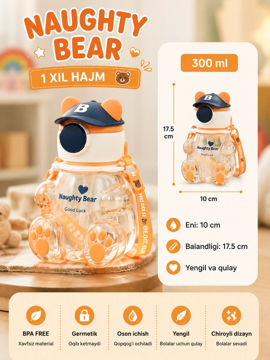 Бутылка для воды Naughty Bear, 300 мл, с трубочкой и ремешком - 